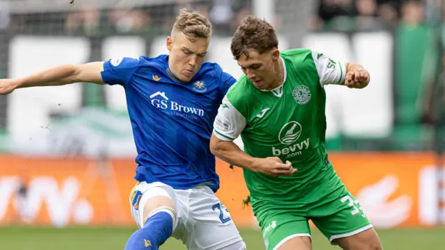 Johnstone's Sven Sprangler (L) and Hibs' Rudi Molotnikov in action during a William Hill Premiership match between Hibernian and St Johnstone at Easter Road,