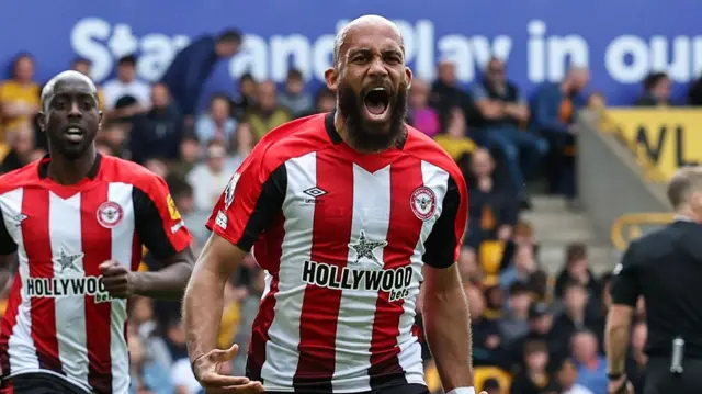 Bryan Mbeumo celebrates scoring for Brentford