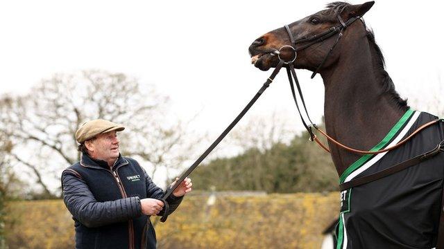 Trainer Mike Henderson holding Shishkin's reins