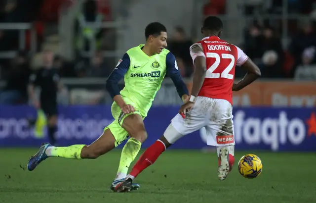 Jobe Bellingham in action during the Championship match between Rotherham United and Sunderland at AESSEAL New York Stadium