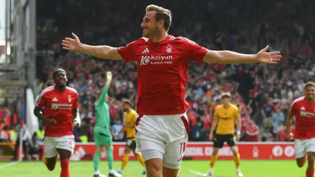 Chris Wood celebrates scoring against Wolves