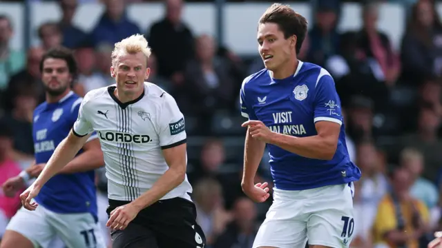 Rubin Colwill in action for Cardiff against Derby County