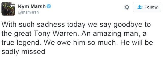 Kym Marsh: With such sadness today we say goodbye to the great Tony Warren. An amazing man, a true legend. We owe him so much. He will be sadly missed