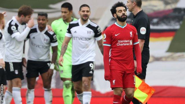 Liverpool forward Mohamed Salah reacts after Fulham take the lead at Anfield