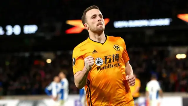 Diogo Jota celebrates scoring for Wolves