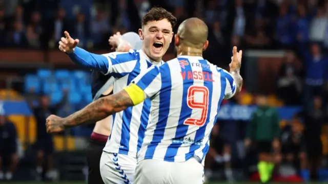 Kilmarnock’s Bobby Wales celebrates with Kyle Vassell after scoring to make it 2-2 during a UEFA Europa Conference League qualifier between Kilmarnock and Tromso