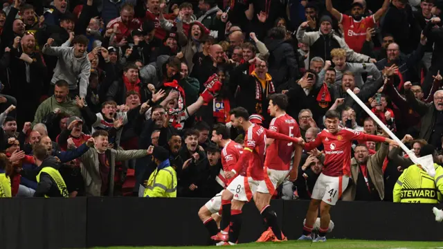 Manchester United players celebrate Harry Maguire goal in front of fans