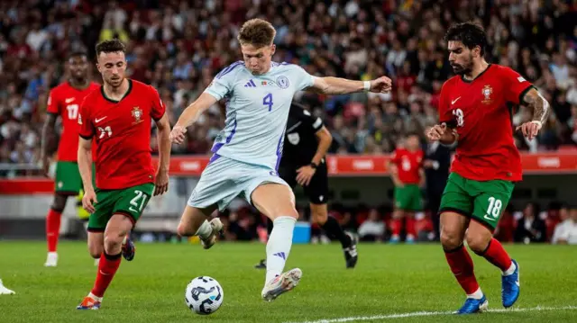 Scotland's Scott McTominay has a shot at goal during a UEFA Nations League match between Portugal and Scotland at the Estadio da Luz, on September 08, 2024, in Lisbon, Portugal. (Photo by Craig Williamson / SNS Group)