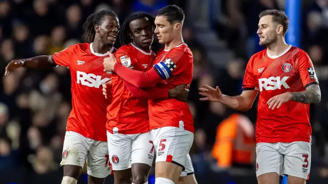 Charlton players celebrate their goal at Birmingham