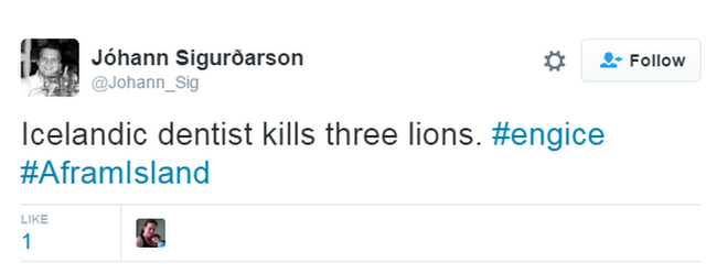 Tweet saying "Icelandic dentist kills three lions"