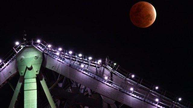 Partial lunar eclipse over Brisbane's Story Bridge