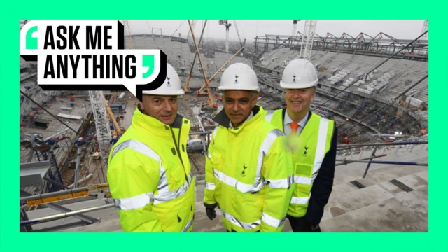 Tottenham chairman Daniel Levy, London Mayor Sadiq Khan, Tottenham and NFL  chief Mark Waller at the construction site for Spurs' new stadium in 2018 with an 'Ask Me Anything' green border