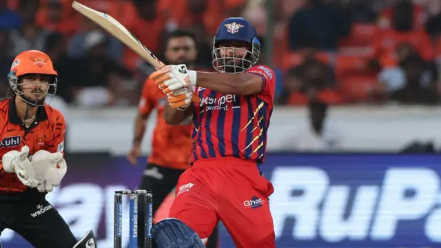 Lucknow Super Giants captain Rishabh Pant plays an expansive pull shot against Sunrisers Hyderabad