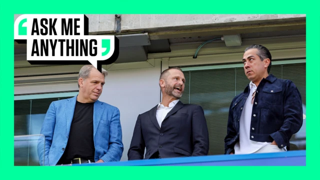 Todd Boehly with Sporting Director Paul Winstanley and fellow co-owner Behdad Eghbali on the 'Ask Me Anything' template