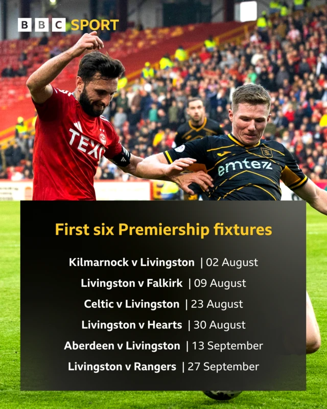 First six Premiership fixtures: Kilmarnock v Livingston, Livingston v Falkirk, Celtic v Livingston, Livingston v Hearts, Aberdeen v Livingston, Livingston v Rangers