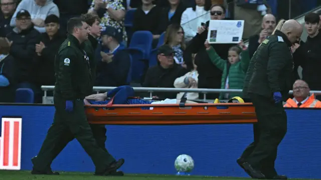 Jarrad Branthwaite is stretchered off against Liverpool