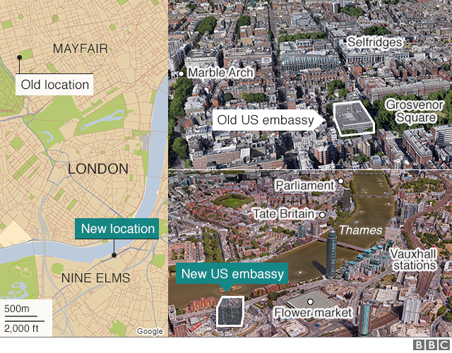 Map showing the locations of the new and old US embassies in London