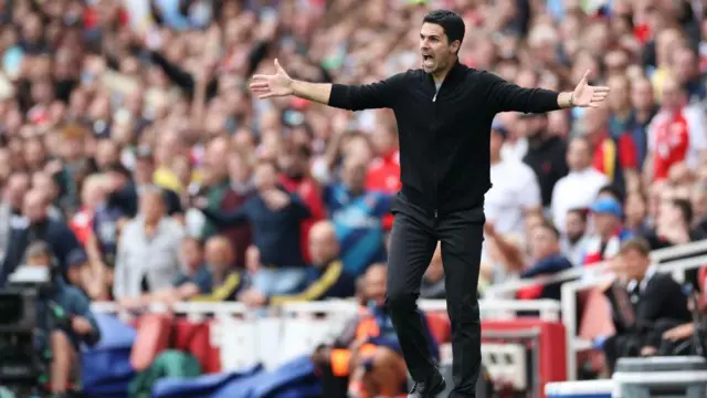 Mikel Arteta, Manager of Arsenal, reacts 