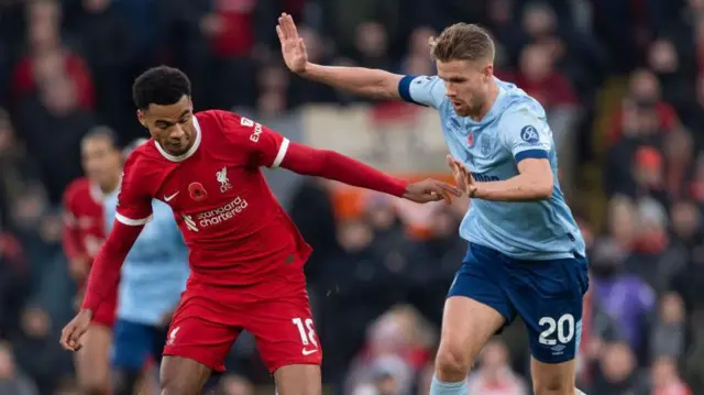 Cody Gakpo and Kristoffer Ajer in action when Liverpool played Brentford