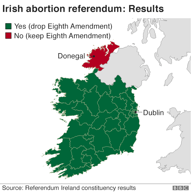 Map showing how the 40 constituencies voted in the Ireland abortion referendum