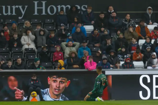 Plymouth Argyle's Morgan Whittaker slides on his knees to celebrate scoring against Swansea City