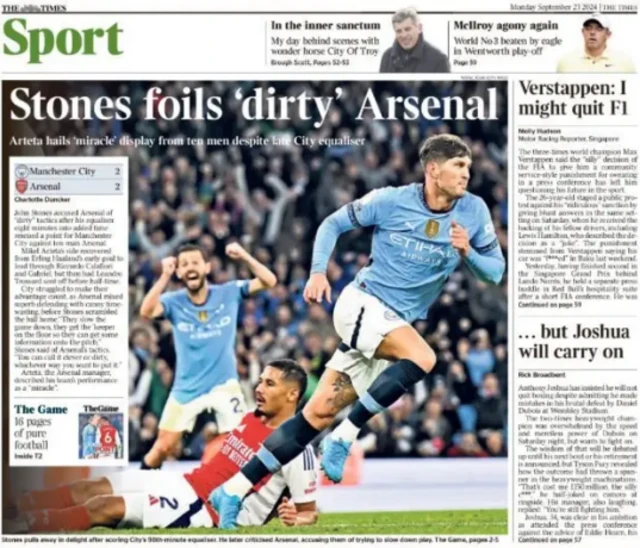 Back page of The Times reacting to Man City 2-2 Arsenal