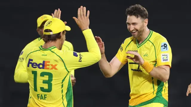 Richard Gleeson of Joburg Super Kings celebrates the wicket of David Wiese of Durban Super Giants during match 9 of the Betway SA20 season 4 between Joburg Super Kings (JSK) and The Durban Super Giants (DSG) held at the Wanderers Cricket Stadium in Sandton, Johannesburg , South Africa