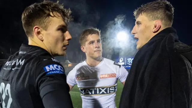 Racing 92’s Dan Lancaster with Warriors’ Jamie Dobie and Rory Darge at full time during an Investec Champions Cup match between Glasgow Warriors and Racing 92 at Scotstoun Stadium