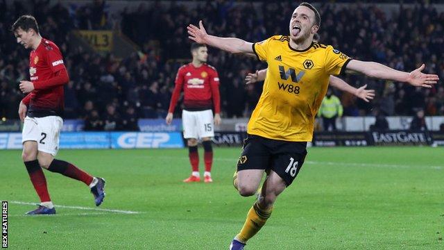 Diogo Jota celebrates scoring for Wolves against Manchester United in the FA Cup in March 2019