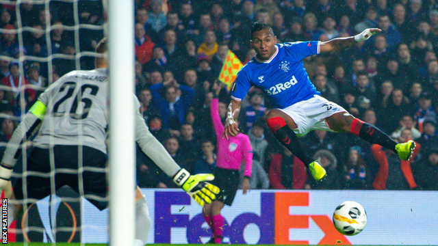 Alfredo Morelos has a shot for Rangers in the Europa League