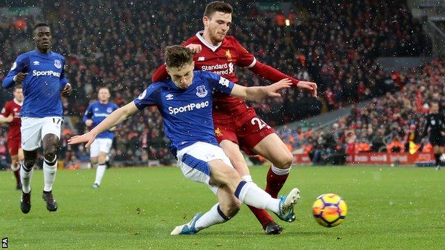 Everton's Jonjoe Kenny in action against Liverpool