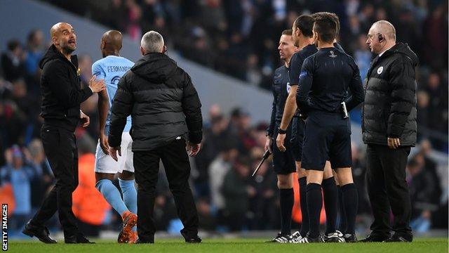 Manchester City manager Pep Guardiola is unhappy with the referee during Manchester City's Champions League game with Liverpool