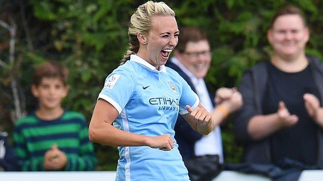 Manchester City striker Toni Duggan celebrates after scoring against Chelsea in the Women's Super League