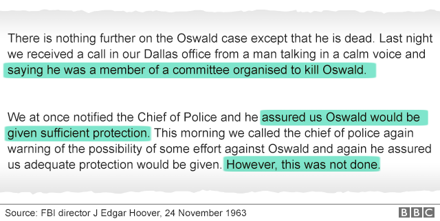 Image shows a selection of an FBI memo that reads: "We at once notified the chief of police and he assured us Oswald would be given sufficient protection".