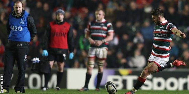 Owen Williams scores the match-winning penalty for Leicester against Munster