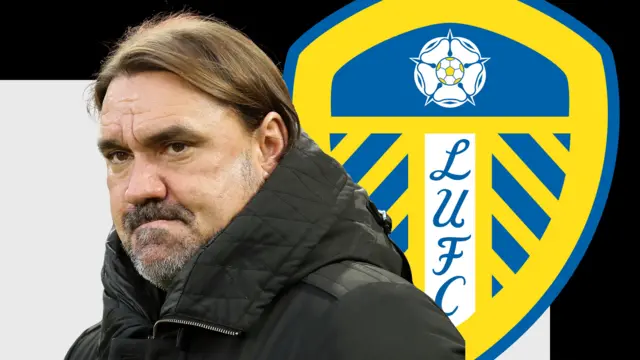 An image of Daniel Farke with the Leeds badge in the background. 