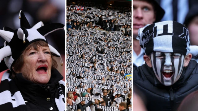 Newcastle fans in fancy dress and fans with their scarves above their heads 