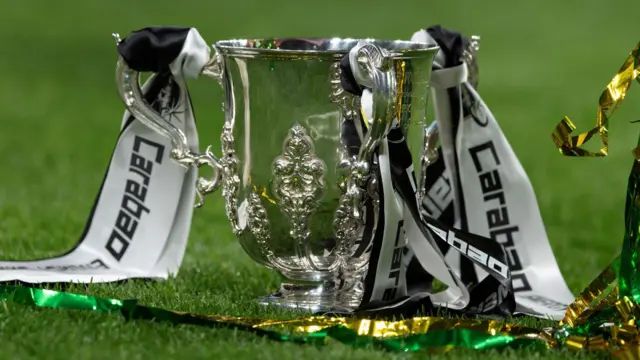 The trophy on the pitch after the Carabao Cup Final between Liverpool and Newcastle United at Wembley Stadium on March 16, 2025 