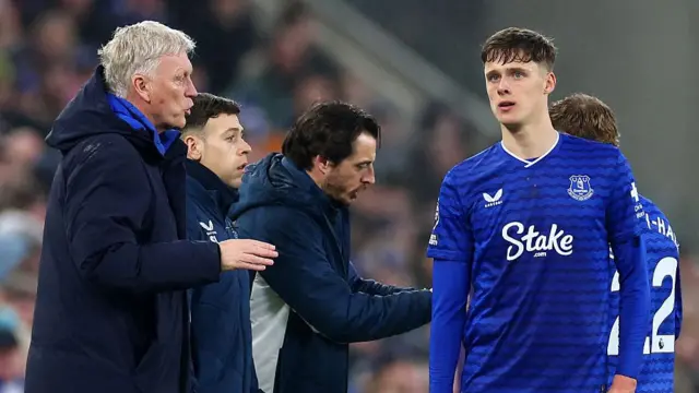 Everton manager David Moyes makes a point to Harrison Armstrong 