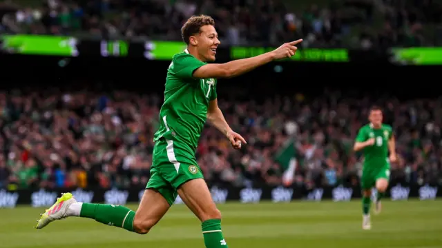 Kasey McAteer celebrating his first goal for Republic of Ireland