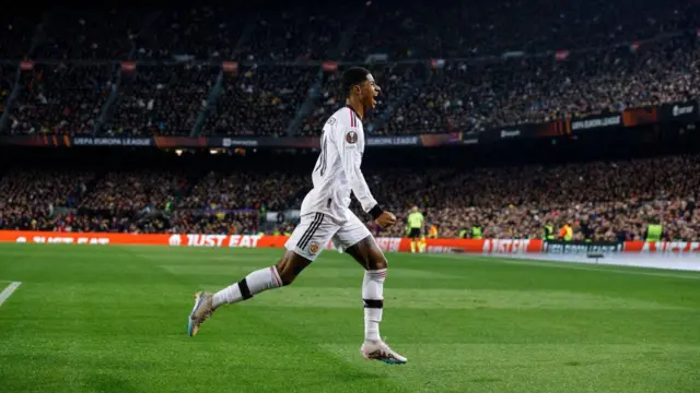Marcus Rashford celebrates scoring for Manchester United at the Nou Camp