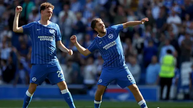 Maxim De Cuyper of Brighton & Hove Albion and Jack Hinshelwood of Brighton & Hove Albion celebrate the 4-0 victory during the Premier League.
