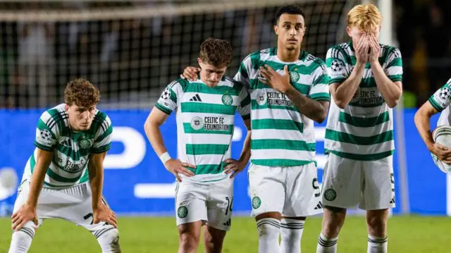 Celtic's Arne Engels, Luke McCowan, Adam Idah and Liam Scales during the penalty shoot-out during a UEFA Champions League Play-Off Secong Leg match between Kairat Almaty and Celtic