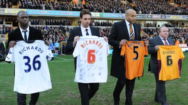Representatives of Tottenham, Southampton, Wolves and Bradford carry shirts with Dean Richards' name printed on back