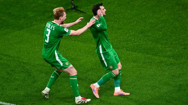Republic of Ireland's Liam Scales and Troy Parrott celebrate