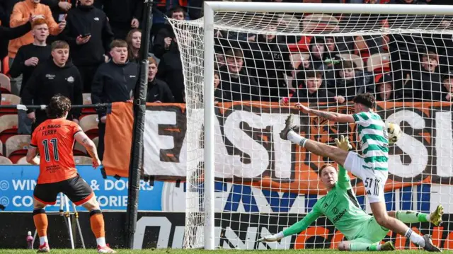 Dundee United's Will Ferry scores against Celtic