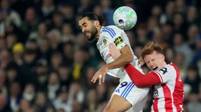 Dominic Calvert-Lewin wins a header for Leeds against Brentford