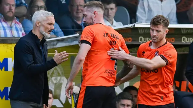 Dundee United's Jim Goodwin, Kevin Holt and Ross Docherty