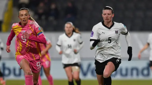 Caroline Elspeth Lillias Weir of Scotland and Cladia Wenger of Austria during the UEFA Women's Nations League 2024/25 Grp A1 MD1 match between Austria and Scotland at Innviertel Arena