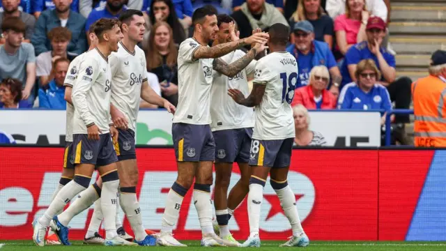 Everton players celebrate after scoring versus Leicester City